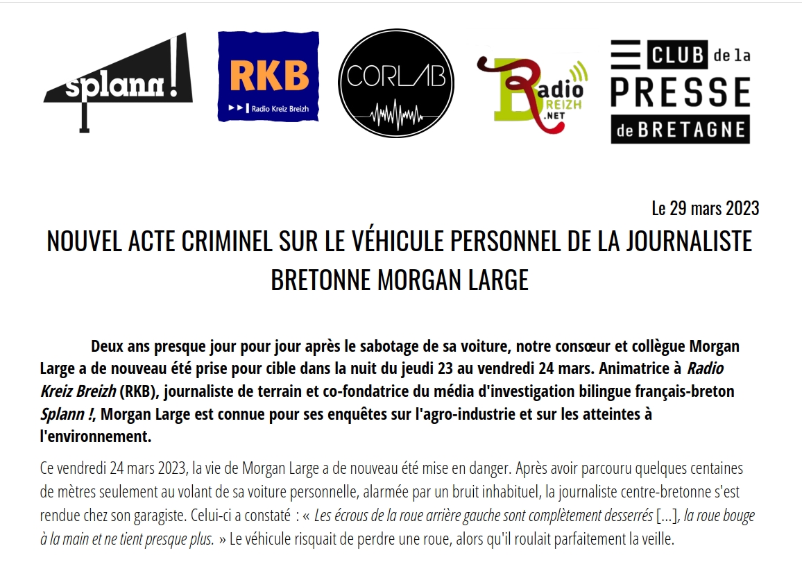 SylvainErnault's tweet photo. 🔴 Notre collègue journaliste Morgan Large, cofondatrice de @Splannenquetes, a découvert vendredi matin que les boulons d'une de ses roues de voiture étaient totalement desserrés. Quasiment deux ans jour pour jour après un fait similaire, nous suspectons un acte criminel. 1/ https://t.co/CHCLr6G7p7