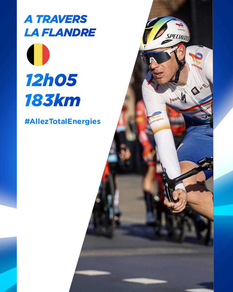 Team TotalEnergies (@teamtotalenrg) on Twitter photo 🚴♂️ 𝑱𝑶𝑼𝑹 𝑫𝑬 𝑪𝑶𝑼𝑹𝑺𝑬 🚴♂️
🇧🇪 | <a href="/DwarsdrVlaander/">Dwars door Vlaanderen</a>
🕚 | 12:05
📺 | @eurosport 1 (14:10)
📍 | Roeselare - Waregem
🛣️ | 183km
#️⃣ | #AllezTotalEnergies #DDV23 🚴♂️ 𝑱𝑶𝑼𝑹 𝑫𝑬 𝑪𝑶𝑼𝑹𝑺𝑬 🚴♂️
🇧🇪 | <a href="/DwarsdrVlaander/">Dwars door Vlaanderen</a>
🕚 | 12:05
📺 | @eurosport 1 (14:10)
📍 | Roeselare - Waregem
🛣️ | 183km
#️⃣ | #AllezTotalEnergies #DDV23