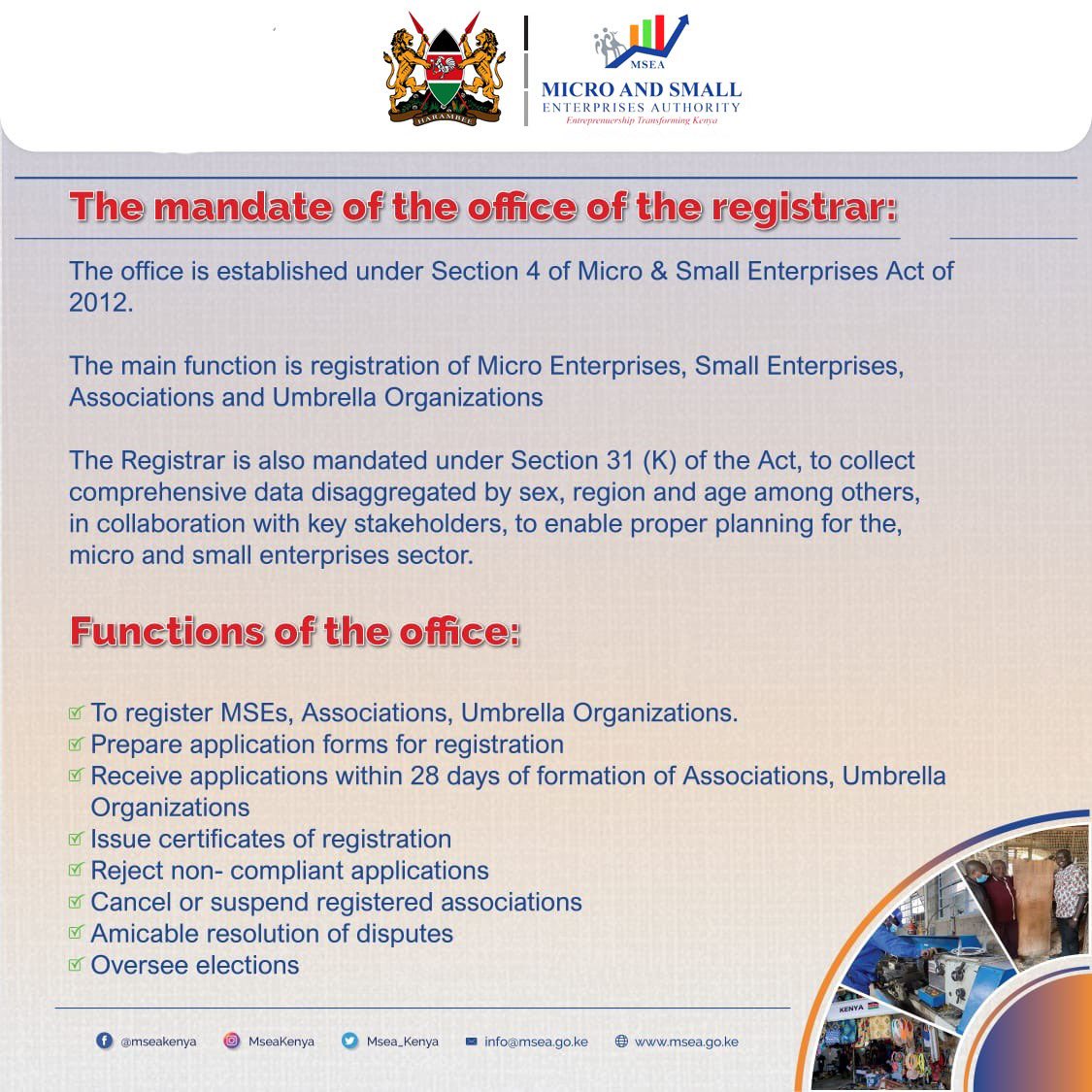 MSEA_Kenya's tweet photo. MSE FORMALIZATION
Ready to take your enterprise to the next level? The Office of the Registrar of MSEs can help you formalize your business and unlock new opportunities for growth! #MSEFormalization #OfficeOfTheRegistrar #EmpoweringMSEs @CsChelugui @HonSusanMangen1 @JamesMureu https://t.co/ke1Y96P0mv