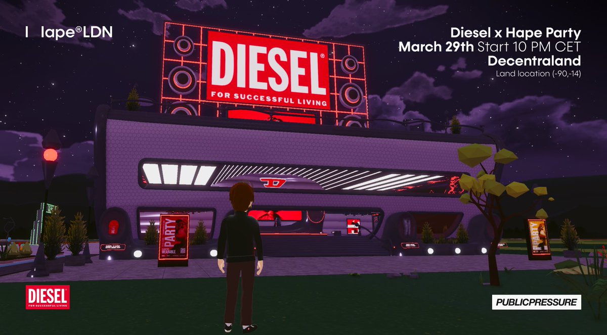 DIESEL's tweet photo. Are you ready to throw some shapes in the Metaverse?

Join us today at 10 pm CET to celebrate the Metaverse Fashion Week in @decentraland with @HAPEsocial.

Music by @jointhepressure 

#MVFW23

See you there!
https://t.co/ytZNpXpbeR https://t.co/ALsGlasJ8N