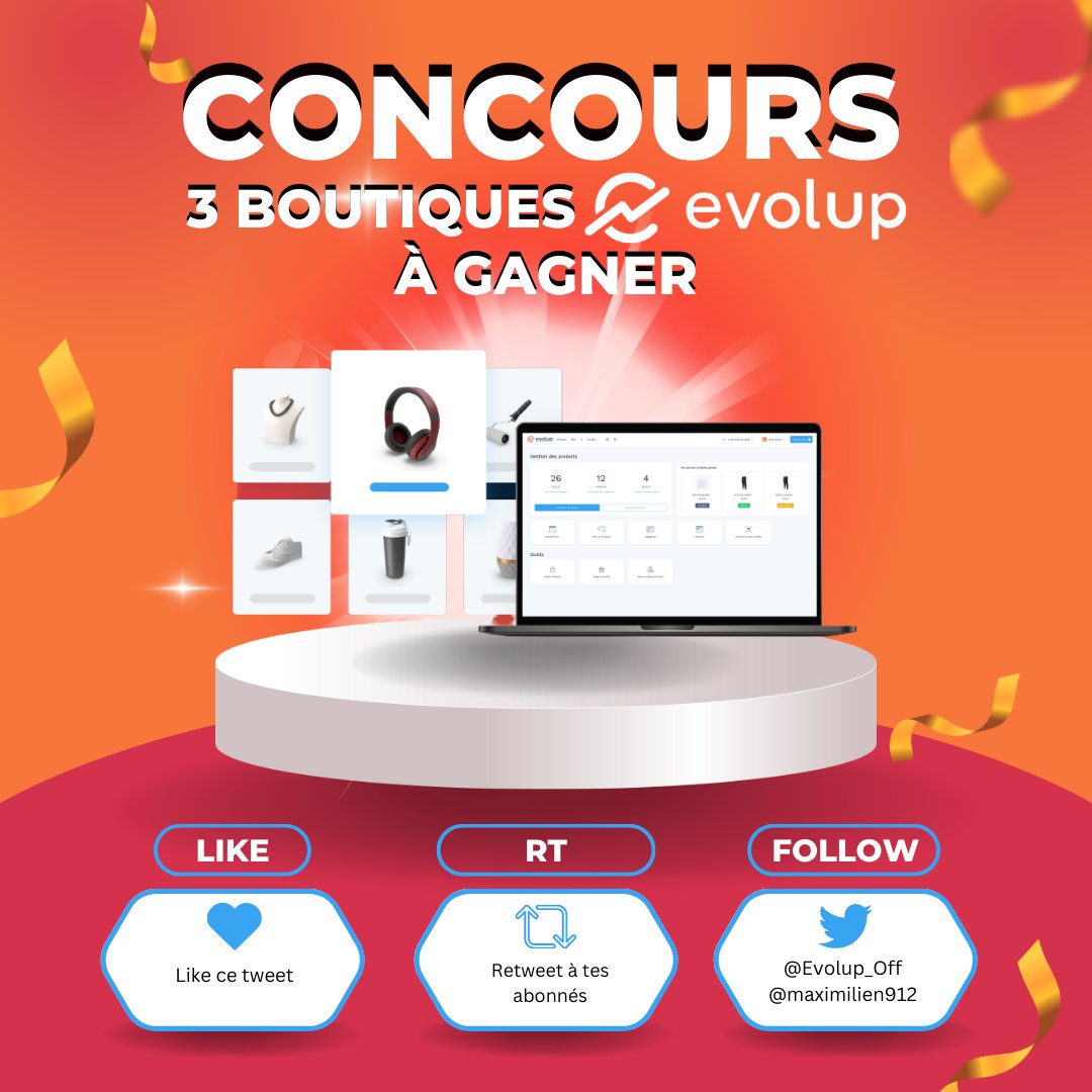 maximilien912's tweet photo. 🎁 Concours Evolup x Web &amp; SEO 🔥

3 x Boutiques Evolup à gagner (abo à vie) 🤯

Pour participer : 
❤️ Like
♻️ Partage
✅ Follow @Evolup_Off + @maximilien912

⏳ Fin du concours : Mercredi 5 Avril 2023 à minuit. 
🏆 Tirage au sort des 3 gagnants le Jeudi 6. https://t.co/31Rc80gPE7