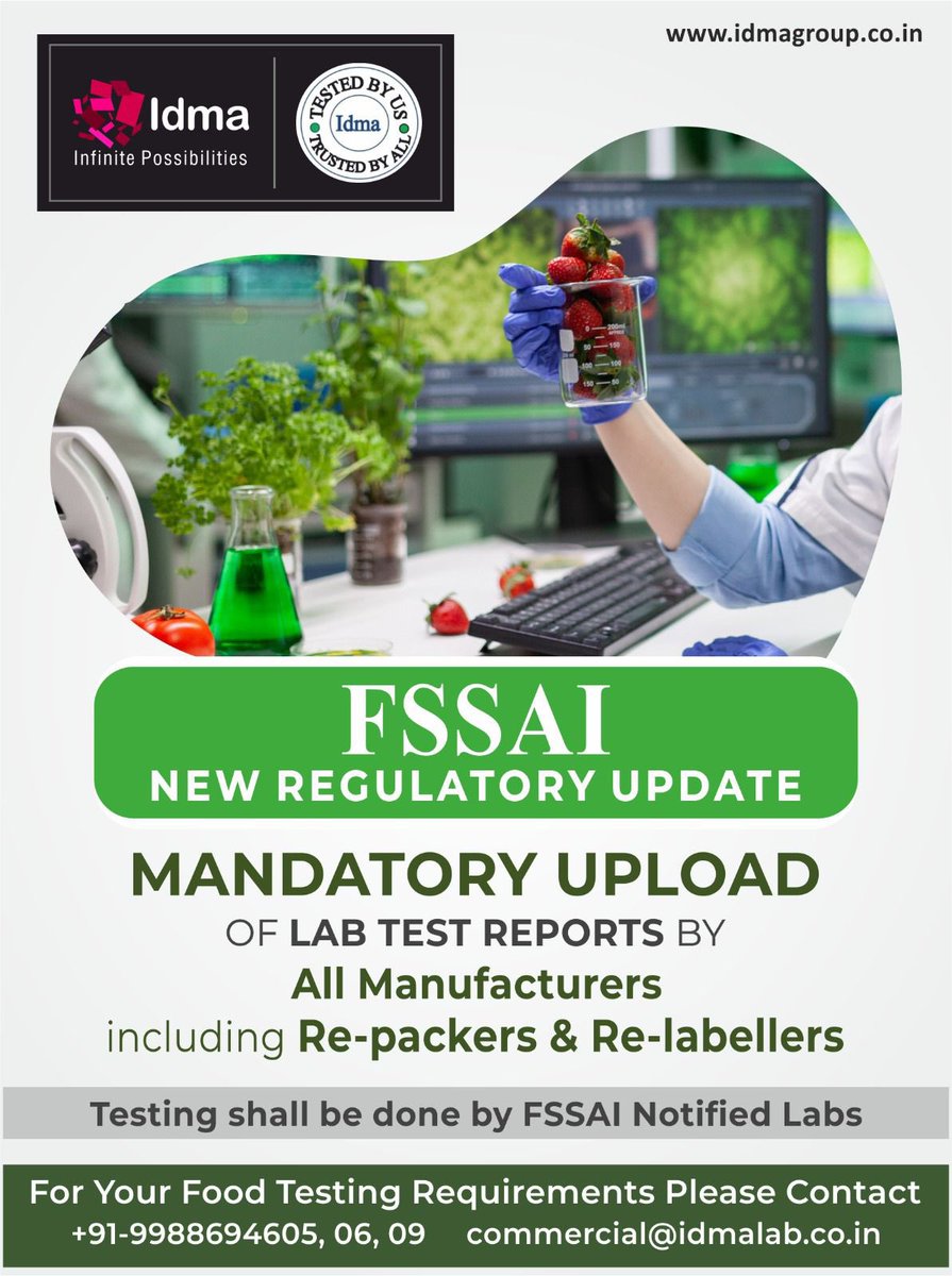 IdmaGroup's tweet photo. It is now MANDATORY to upload your Food Test Reports. 

Contact us immediately to get your products Tested and ensure compliance as per FSSAI norms.

Mobile -  9988694605/6/9
E Mail -   commercial@idmalab.co.in
               
Idma Laboratories Ltd/ An Idma Group Company 

#food https://t.co/KbsRfNJmex