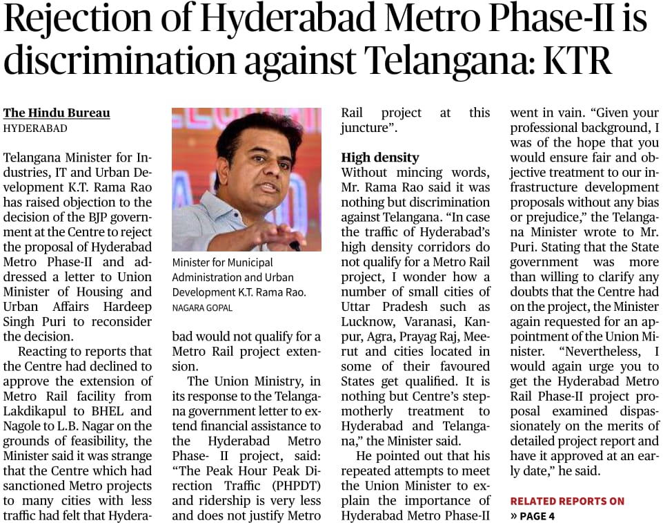 KTR_News's tweet photo. Modiji in his speech says BJP is the only hope for Telangana.

The same Modiji kills the hopes of Hyderabadis by rejecting the Hyderabad Metro phase II proposal.

Hypocrisy ki bhi seema hoti hai, Modiji. 

@KTRBRS @BRSparty https://t.co/pZ36Rd4J86