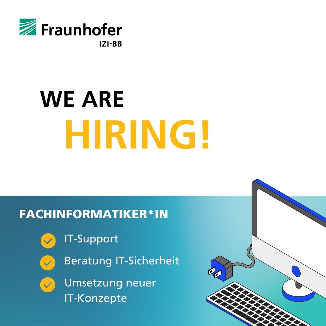 #Hiring - Wir suchen eine Fachinformatikerin oder einen Fachinformatiker, der unser IT-Team unterstützt. Alle Infos zur Stelle unter: jobs.fraunhofer.de/job/Potsdam-Fa…