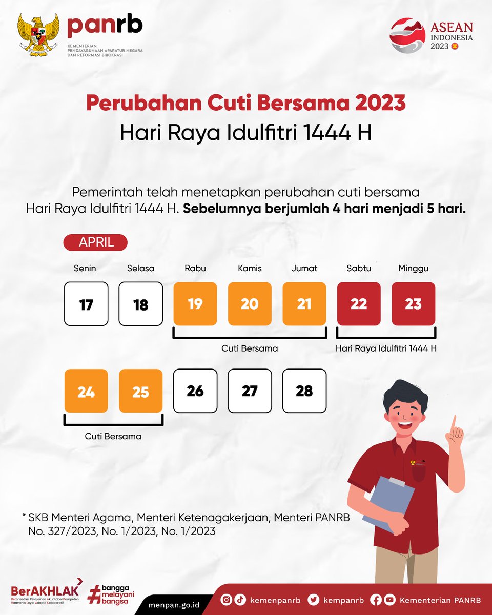 #RekanASN, pemerintah telah resmi mengubah cuti bersama Idulfitri 1444H menjadi tanggal 19, 20, 21, 24, dan 25 April 2023.

Perubahan dan penambahan cuti bersama ini berawal dari usulan <a href="/kemenhub151/">Kemenhub RI</a> agar arus mudik dapat berjalan lancar.

Sudah siap mudik, #RekanASN?

#KemenPANRB
