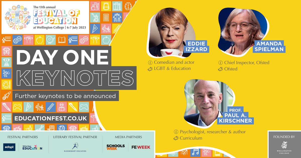 EducationFest's tweet image. 🎏🗣️ Festival Keynotes 🗣️🎏

We're excited to announce our first keynote speakers for the 13th #EducationFest.
Day One
ℹ️ @eddieizzard on LGBT &amp;amp; Education
ℹ️ @amanda_spielman on Ofsted
ℹ️ @P_A_Kirschner on Curriculum
Further keynotes to be announced. 
👉 educationfest.co.uk/agenda/keynote…