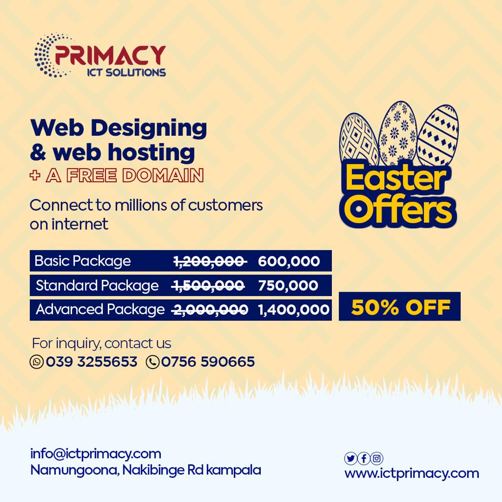 Don't miss out on this biggest Easter Discount 😉 let's bring your website thoughts to reality today at the lowest prices in town. Send us a mail today or call us to get started!
#easter
#discount
#foryou
#foryourbusiness
#ictsolutions
#ictprimacy