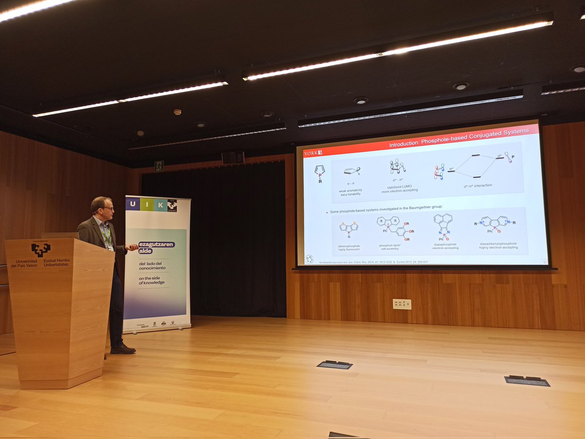 PhosChemSpain's tweet photo. Second day of the #EWPC and #SWPC kicks off!! Now on the stage Thomas Baumgartner @tbaumlab explaining (Un)usual Phosphorus-based concepts for Organic Materials. Such an inspiring talk!! @PhosChemSpain https://t.co/KfF8NfSgwK