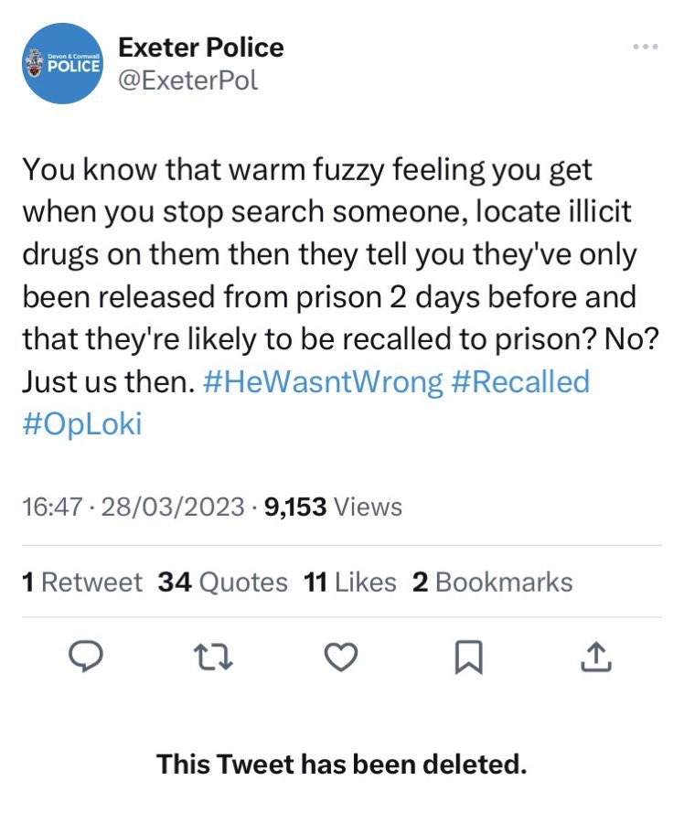 Pointless drug criminalisation laws aside, do you know what a sick and twisted weirdo you have to be to actually enjoy and revel in taking away another human beings freedom and liberty and having them locked up? And then to come and tweet your joy? Pricks. ACAB @ExeterPol