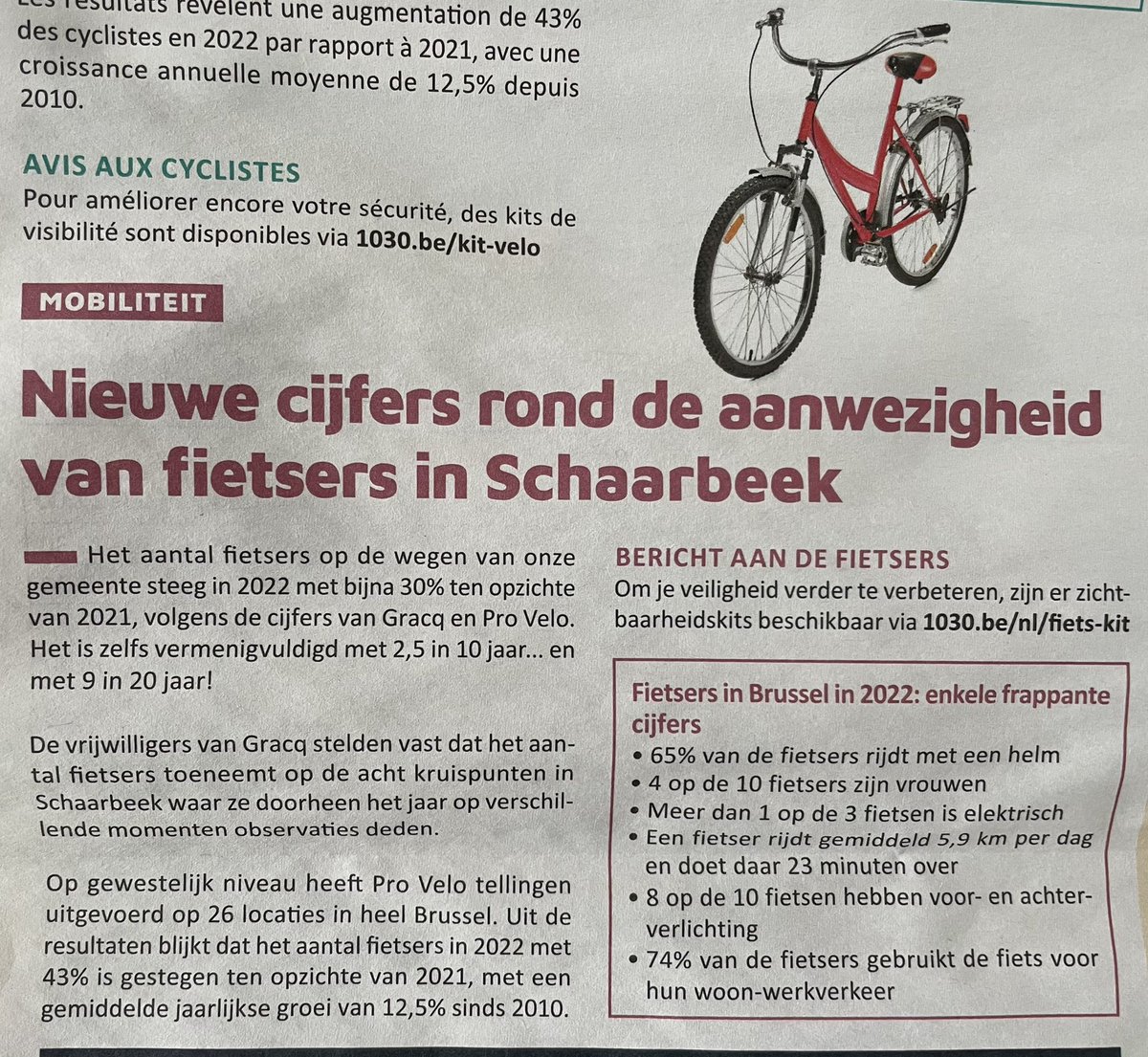 #MoreCycling 🚲🚲 in #Schaarbeek: 30% more cyclists in 2022 compared to 2021. Over 1/3 of bikes are #ebikes. #WeLoveGoodMove ❤️