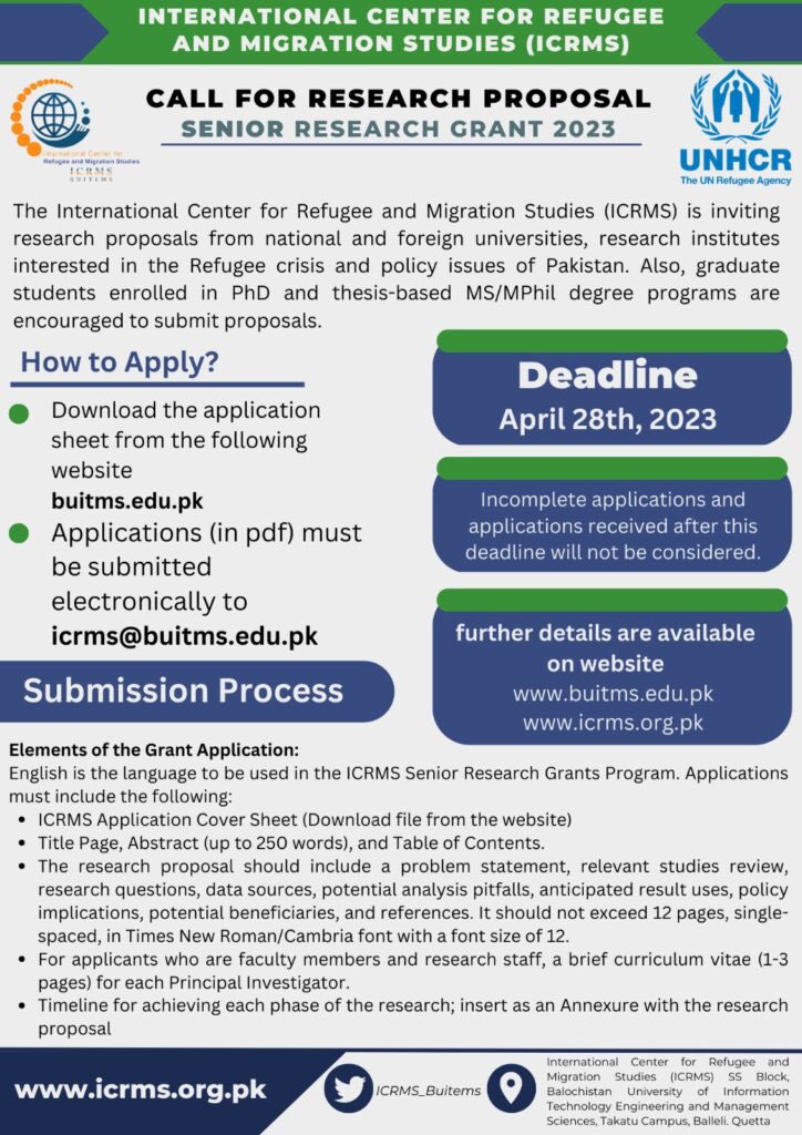 📢Call for Research Proposals. Attention Researchers ‼️Don't miss the opportunity to get your research funded. Submit your proposals before April 28th, 2023. Visit icrms.org.pk for more information. 
#research #funding #callforproposals
#forceddisplacement #migration