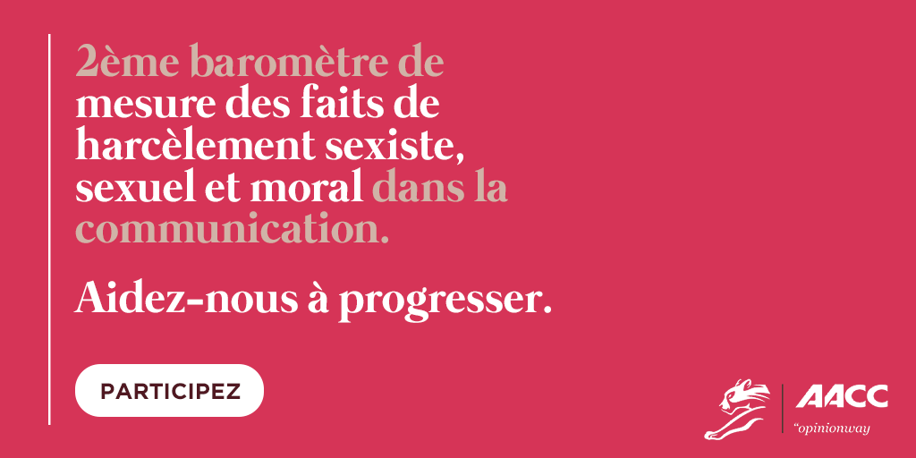 AACClive's tweet photo. L'AACC avec le collectif @LesLionnesFR et @opinionway, lance le 2e baromètre destiné à mesurer les faits de harcèlement moral, sexiste et sexuel dans la communication.
Pour répondre à l'enquête :https://t.co/WR6HVZmHkQ

w/@bertilletoledan David Leclabart @julieregis @gabriemarie https://t.co/iqom7YVhZu