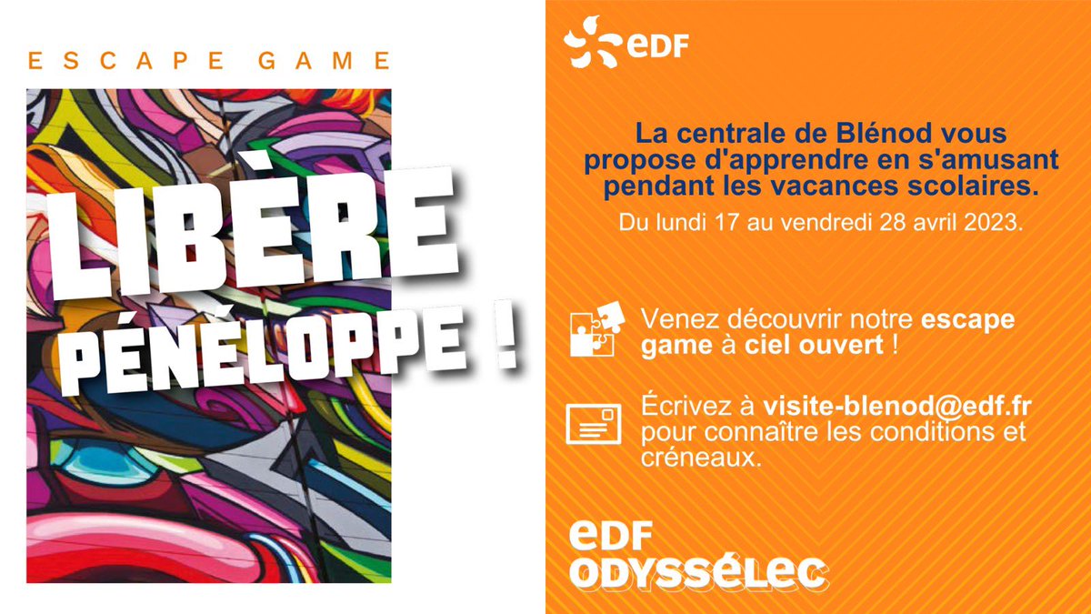Vous recherchez une activité à faire pendant les vacances d’avril ? 🧩

La centrale de Blénod 🏭 vous ouvre ses portes !

➡️Inscrivez-vous à notre escape game 🎨 à ciel ouvert 📩 visite-blenod@edf.fr 

#DLDJuin #EscapeGame