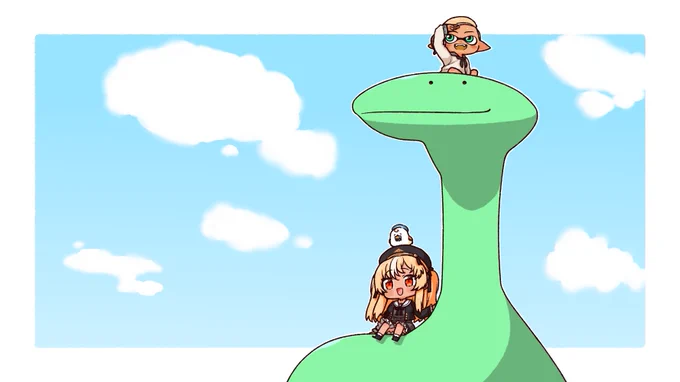フレアちゃんとイカくんとネッシーのイラストです#しらぬえ 