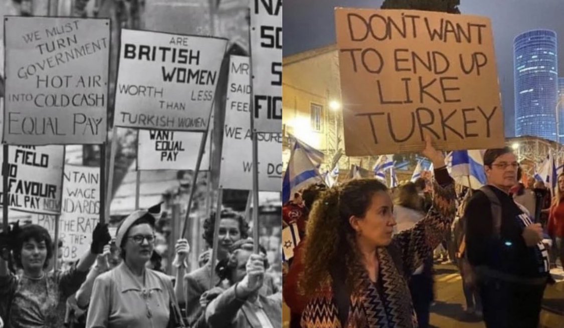 HalitAci's tweet photo. İki resim arasındaki farkı bulabilenler ve anlayabilenler Türkiye’nin yarınlarına sahip çıkacaklar.

1968: İngiliz kadınlar Türkiye'deki kadın haklarını istiyor.
2023: İsrailli kadın sonunun Türkiye gibi olmasını istemiyor.
#6284kadınyasası #İstanbulSözleşmesi https://t.co/asGPF3yEvK