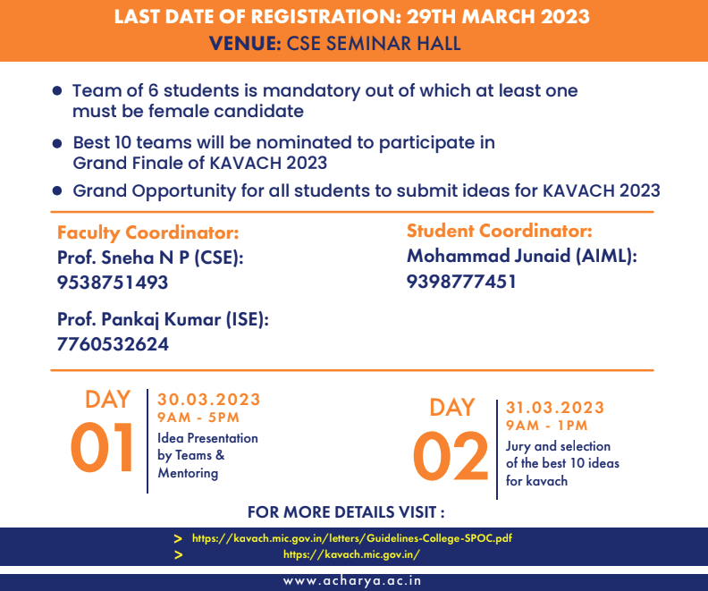 acharya_ac_in's tweet image. Department of CSE/ISE/ALML, Acharya Institute of Technology is organising an Internal Cyber Security Hackathon Kavach 2023 on 30th and 31st march @mhrd_innovation 
#Acharya #kavach2023 #cybersecurityhackathon