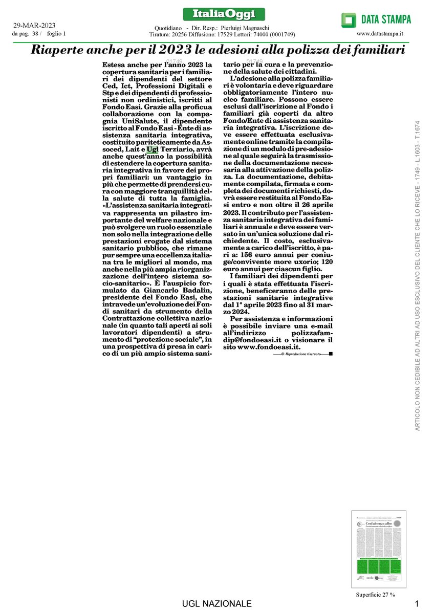 Su ItaliaOggi, Firmato il rinnovo per i professionisti non ordinistici. <a href="/MalcottiLuca/">luca malcotti</a> <a href="/ugl_terziario/">Ugl Terziario</a> «I contratti collettivi di lavoro sottoscritti tra rappresentanze delle imprese e sindacati sono un luogo di miglioramento sociale ed economico del Paese».