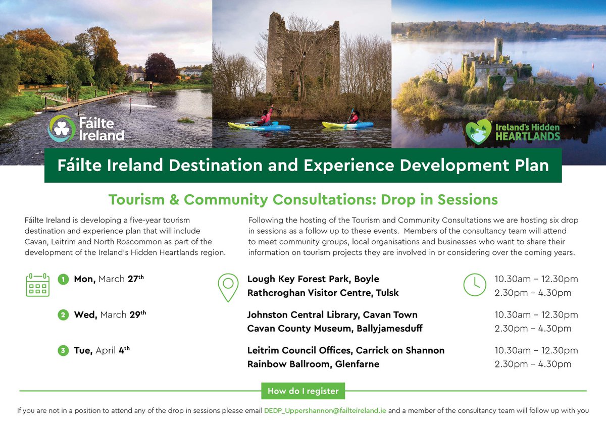 We’re continuing our community consultation regarding tourism development in <a href="/HeartlandsIRL/">Ireland's Hidden Heartlands</a> 

We’re in <a href="/CavanLibrary/">Cavan Library Service</a> and <a href="/cavanmuseum/">Cavan County Museum</a> today 28th March, and <a href="/Rainbowballroom/">Therainbowballroom</a> <a href="/leitrimcoco/">Leitrim County Council</a> next Tuesday, 4th April

Come and share your ideas &amp; thoughts! 

bit.ly/3IHNY27