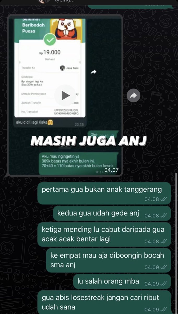 khansaneira's tweet photo. ngakak bgt temen gue diteror joki jasa tulis grgr ktnya gak lunasin pembayaran. diaancem mau disamperin ke sekolah biar ga naik kelas, udh dibilangin salah nomor tp si jokinya ttp batu

masalahnya tmn gue ini udh KERJAAA 😭😭😭 https://t.co/Y31wr2AvKM