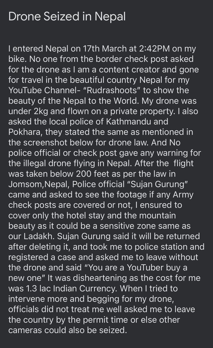 RudraShoots's tweet photo. Read the 1st Screenshot to understand my voice.  
Drone law as per 2nd screenshot and by https://t.co/smrsCrArTl
My drone details registered with DGCA are in 3rd Screenshot.
Please help  @PMOIndia @IndiaInNepal @DGCAIndia @nepaltourismb @hello_CAANepal @NepalPoliceHQ https://t.co/uB0GtPUCCN