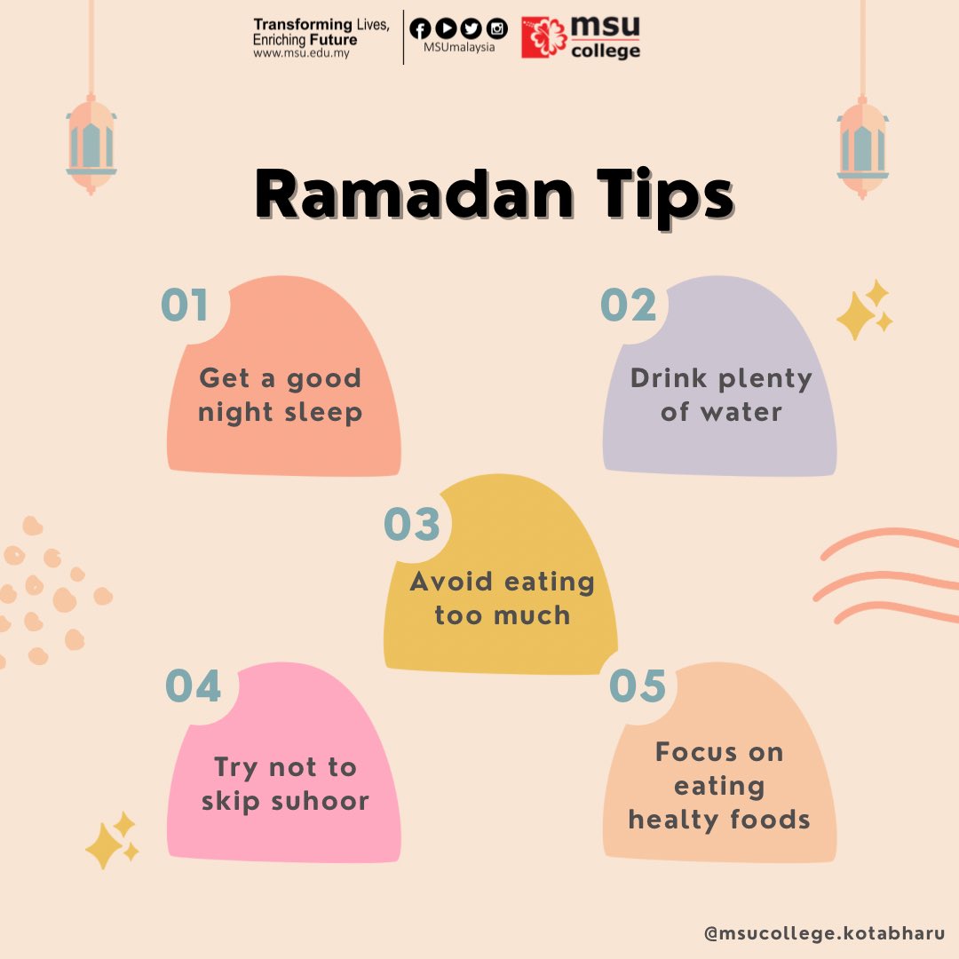 Ramadan Fasting Tips. Make your Ramadan better! ✨🌙

#IhyaRamadan2023
#MSUmalaysia
#msucollegekotabharu