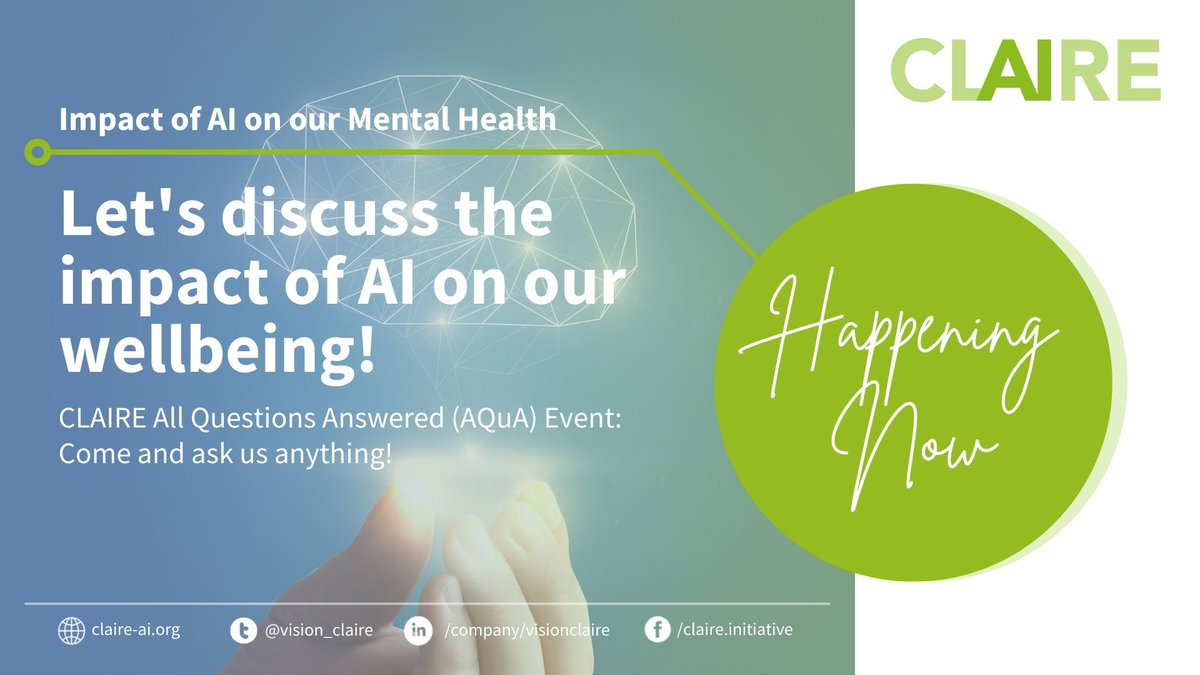 cairne_eu's tweet photo. 🟢Happening Now!🟢All Questions Answered #AQuA #Event: 𝗜𝗺𝗽𝗮𝗰𝘁 𝗼𝗳 #𝗔𝗜 𝗼𝗻 𝗼𝘂𝗿 #𝗠𝗲𝗻𝘁𝗮𝗹𝗛𝗲𝗮𝗹𝘁𝗵✨Get your #questions in via CLAIRE Youtube Channel 👉 https://t.co/5bK0zcrhcG
@BrusselsFari @ZHAW @ai4_belgium
#AI4Good #EuropeanAIWeek #Wellbeing #OnlineEvent https://t.co/D9payvJYe6