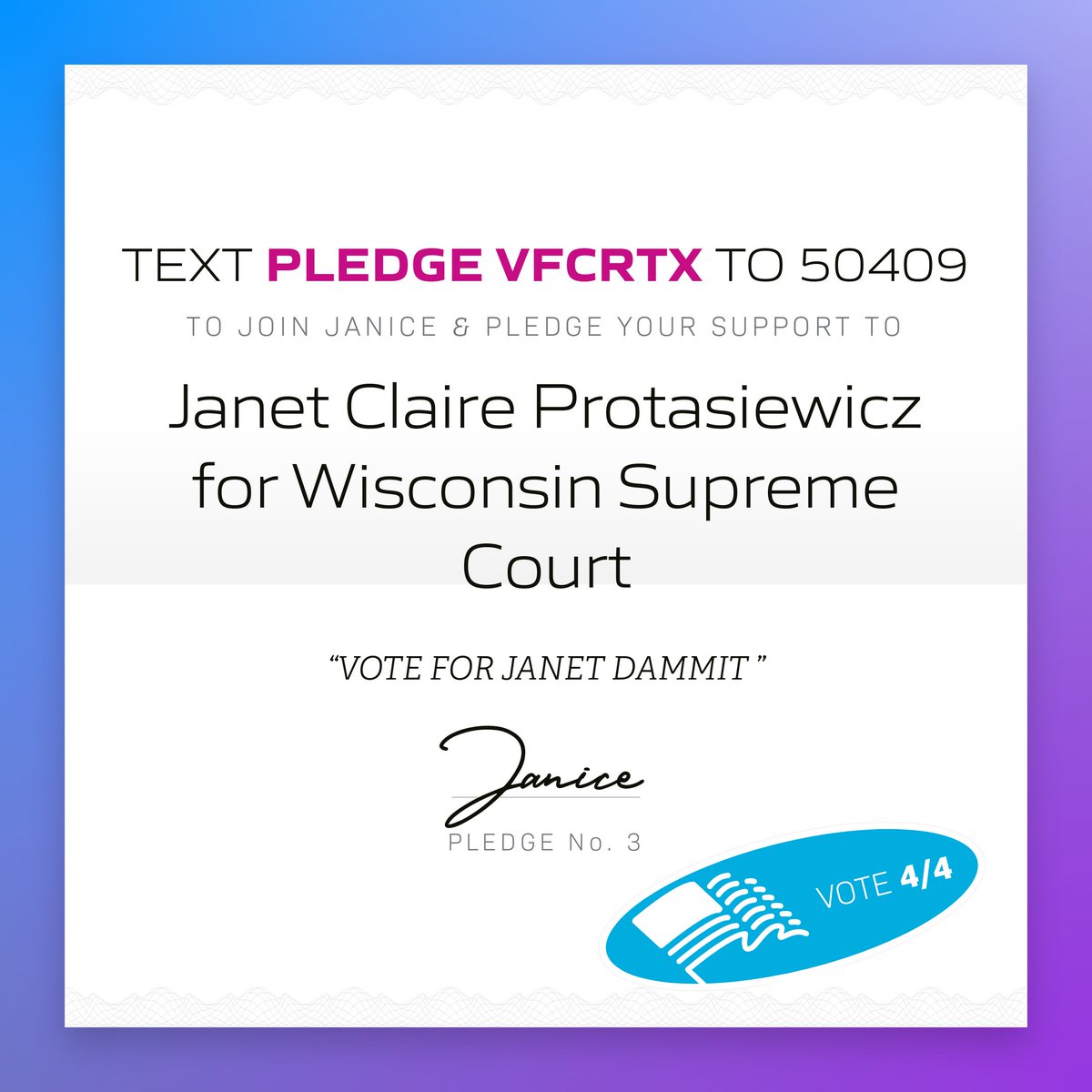 🖋 Janice in Alameda County, Calif. just pledged to support Janet Claire Protasiewicz for Wisconsin Supreme Court! 

Tap to pledge your support &amp; get ready to vote: x.com/messages/compo…