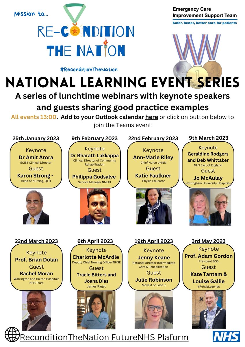 We are well into our <a href="/ReconGamesUK/">ReconditionTheNation</a> Learning Event series now.
Join us for our next event on 6th April, when we will be joined by NHSE Dep. CNO <a href="/charlottemcardl/">charlotte mcardle RN</a> and from <a href="/JamesPagetNHS/">JPUH NHS FT</a> , <a href="/joanadi64101885/">Joana Dias</a> and Tracie Bitters.  Details at link below
future.nhs.uk/ECISTnetwork/v…