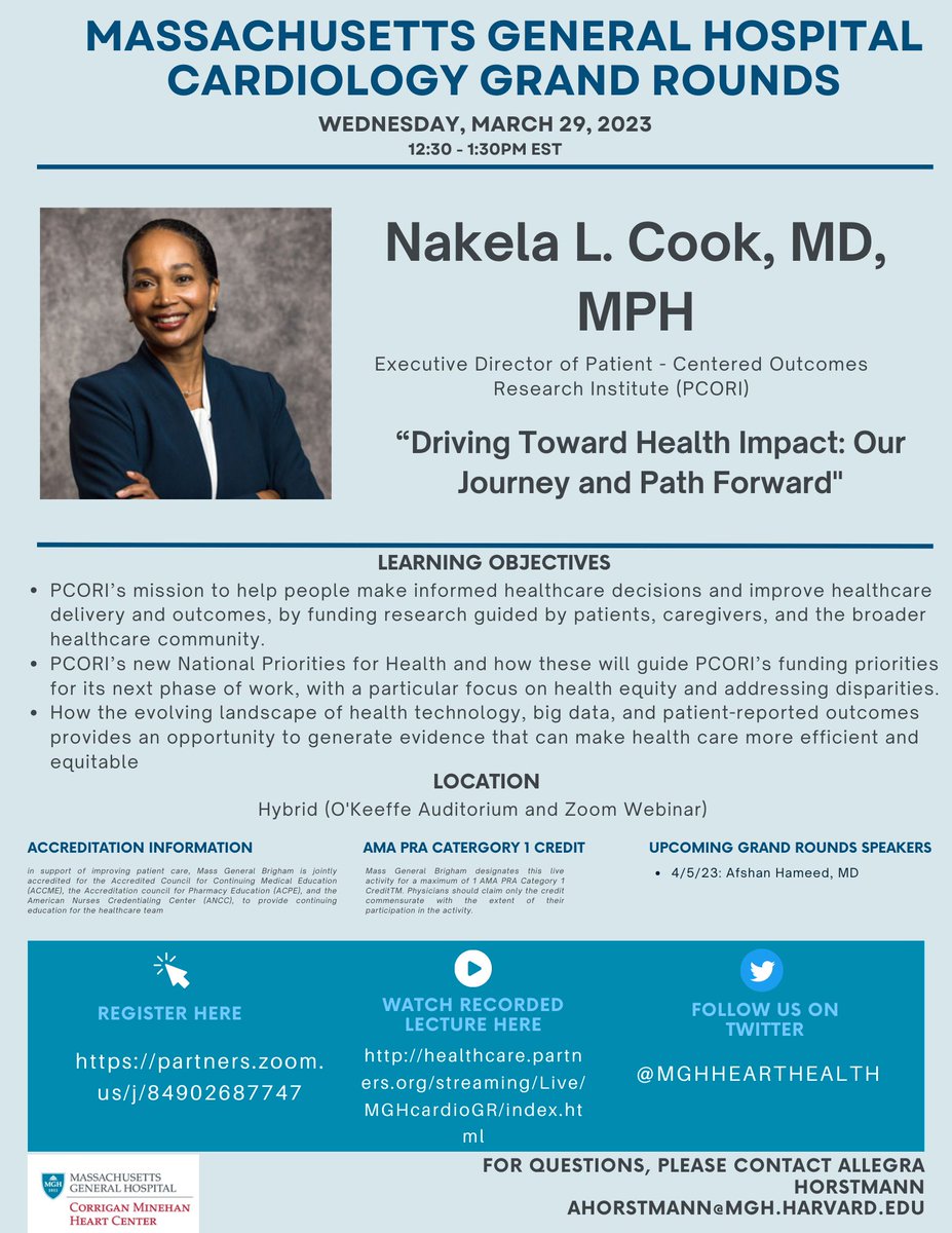 Join us in welcoming back our previous cardiology fellow Nakela L. Cook, MD, MPH at 12:30pm EST in O'Keeffe Auditorium today! See all details below. @PCORI @jasonwasfy @KrishnaAragam