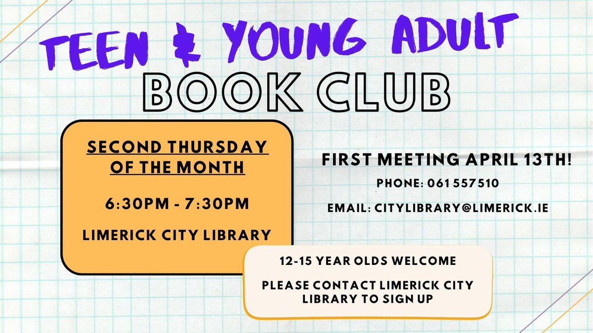Limerick Libraries (@limklibraries) on Twitter photo #CityLibrary is looking for 12-15 year olds to join their brand new #Teen & #YoungAdult #BookClub 📚 Each month we will read and chat about a new book from a variety of genres. No pressure, just fun 🥳
For more info:
☎️061-557510
📧citylibrary@limerick.ie
#LimerickLibraries #CityLibrary is looking for 12-15 year olds to join their brand new #Teen & #YoungAdult #BookClub 📚 Each month we will read and chat about a new book from a variety of genres. No pressure, just fun 🥳
For more info:
☎️061-557510
📧citylibrary@limerick.ie
#LimerickLibraries