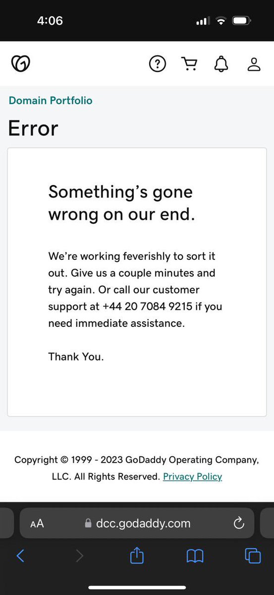 <a href="/GoDaddyHelp/">GoDaddy Help</a> our site is down and when trying to login to GoDaddy we are receiving this error message.