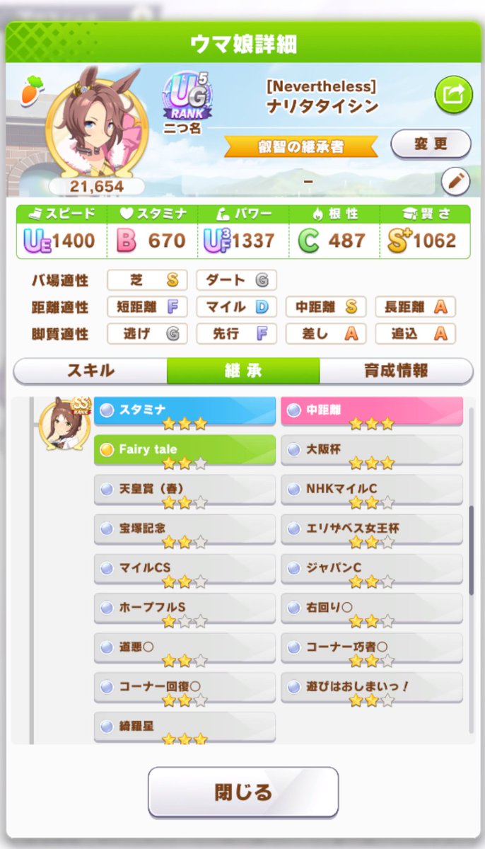 SeshimoTaisa's tweet photo. 賢3中距離3直線一気3のタイシン置いてます(賢3スタ3パワ3)
追込直線2，中距離直線2，中距離コーナー2，非根幹距離2も付いてます
親も中距離3があるので，因子周回だけじゃなく本育成でも行けると思います
サポカはシリウスシンボリSSR(気分で変えるかも)
ID↓
714729484
#ウマ娘 
#ウマ娘フレンド募集 https://t.co/BDeIoh9a6G