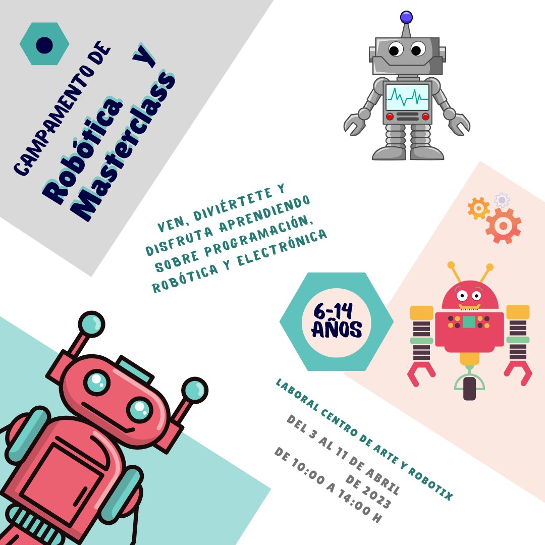 LABoral's tweet image. Campamento de “Robótica y Masterclass” 🤖

🗓 Del 3 al 11 de abril
⏰ De 10:00 a 14:00 horas 

Más información: laboralcentrodearte.org/es/educacion/c…