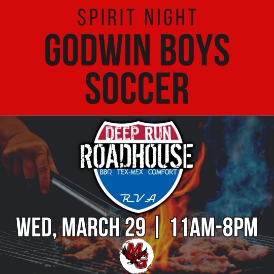 Join us all day TODAY for our Godwin Soccer fundraiser at Deep Run Roadhouse!  

Be sure to tell them that you are with Godwin Soccer when you order.

Come out, get some delicious food, and support the Godwin Soccer team! 🦅⚽️