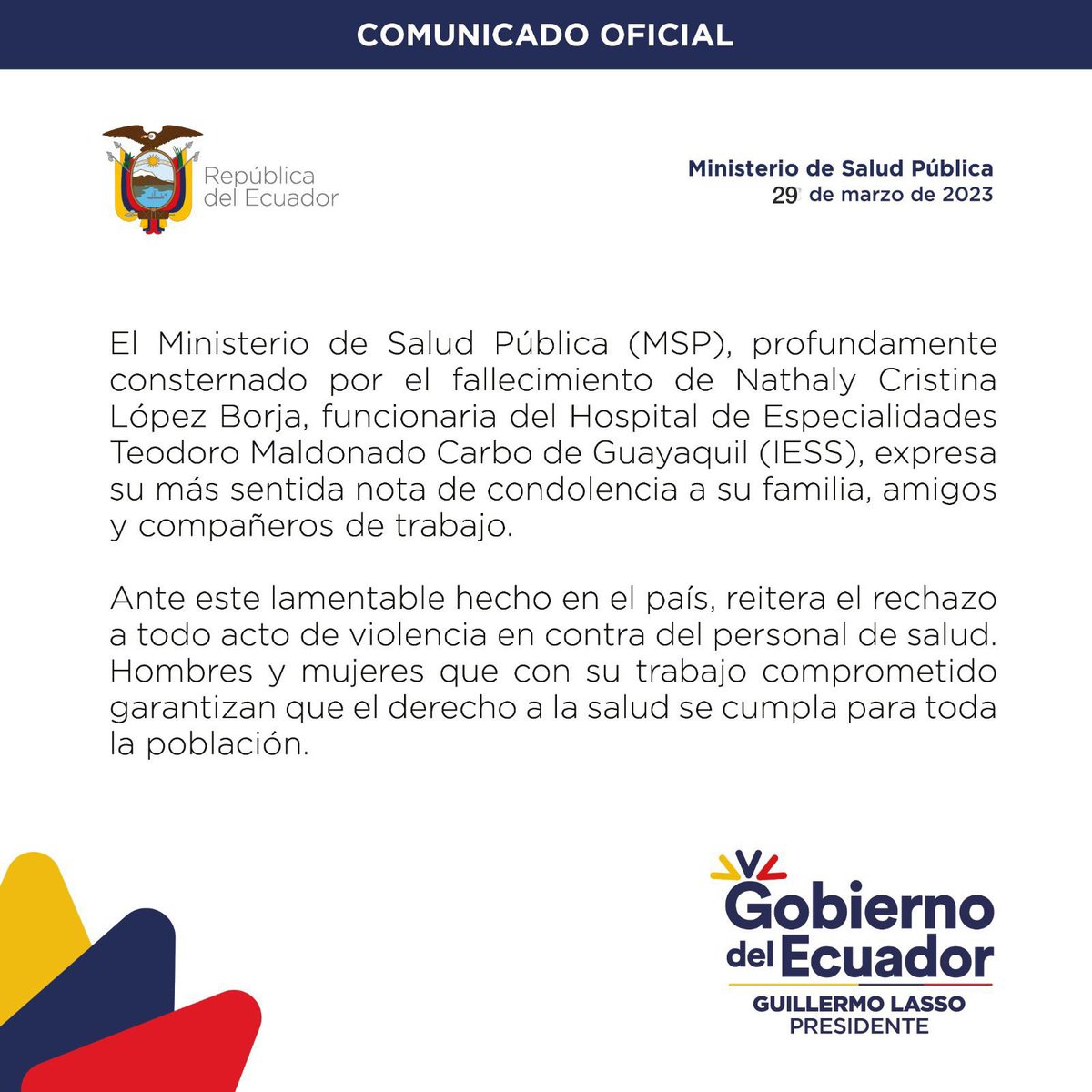 .<a href="/Salud_Ec/">Ministerio de Salud Pública 🇪🇨</a> reitera su rechazo a todo acto de violencia en contra del personal de salud y lamenta el fallecimiento de Nathaly López, funcionaria <a href="/IESSec/">IESS</a>

Expresamos nuestra más sentida condolencia a su familia, amigos y compañeros de trabajo.