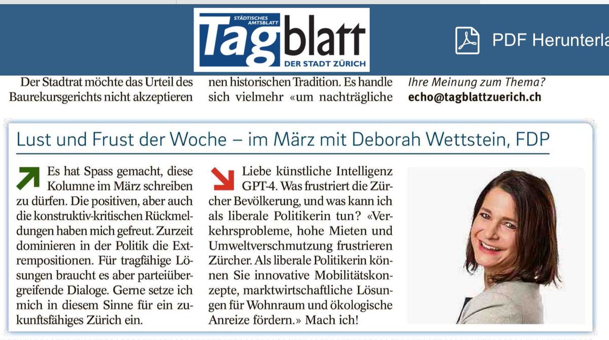 Für mein Lust &amp; Frust (Tagblatt) habe ich #GPT4 gefragt: Was frustriert die Zürcher &amp; was kann ich als liberale Politikerin tun? «Verkehr, Mieten &amp; Umwelt: Sie können innovative Mobilitätskonzepte, marktwirtsch. Lösungen für Wohnraum &amp; ökologische Anreize fördern.» OK!💪🏽 <a href="/mehblau/">FDP Stadt Zürich</a>