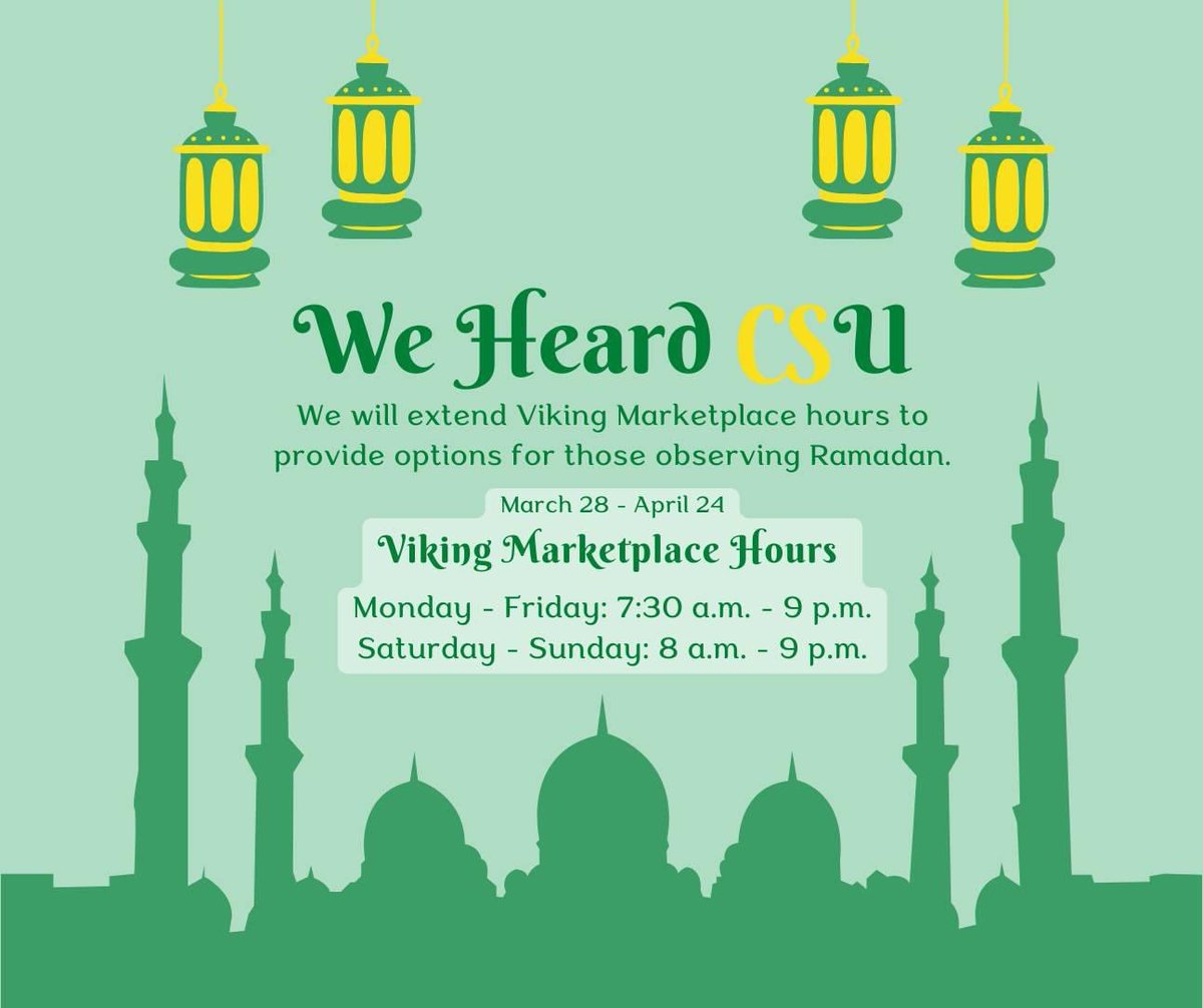 We heard (CS)U! We are extending Viking Marketplace hours to provide options for those observing Ramadan. 

Now open until 9 p.m., 7 days a week! <a href="/CLE_State/">Cleveland State University</a> @vikingfoodco <a href="/ResLifeCSU/">CSU Residence Life</a> <a href="/EngageCleState/">Center for Campus Engagement</a>