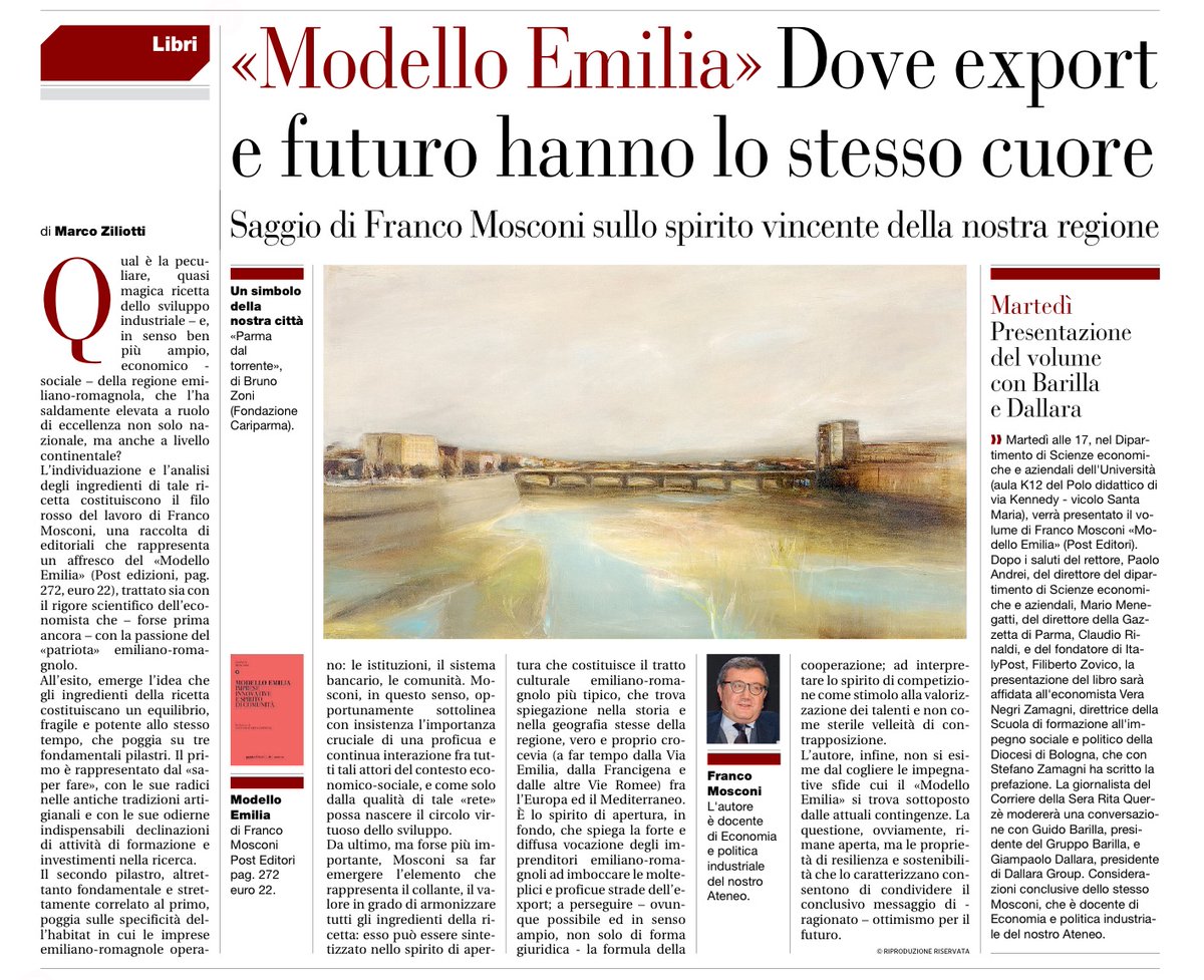 Su #LaGazzettadiParma, #MarcoZiliotti scrive che Mosconi analizza lo “spirito vincente della regione” sia “con il #rigore scientifico dell’economista che con la #passione del patriota”. Nonostante i successi del modello “l’autore non si esime dal cogliere le sfide future“