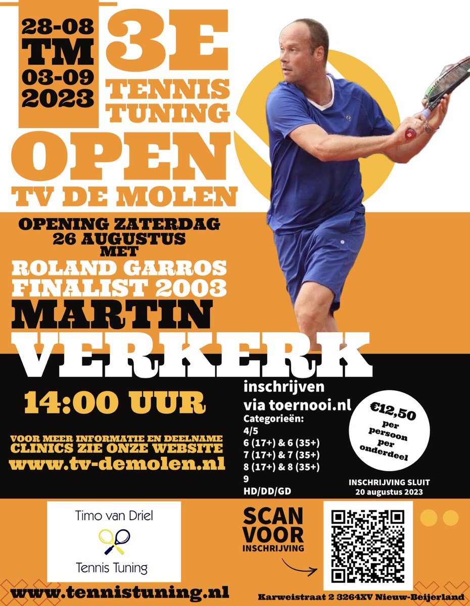 Inschrijvingen voor 3e Tennis Tuning Open geopend! Noteer week 35 in je agenda. Dit jaar met clinics van Roland Garros finalist van 2003, Martin Verkerk op zaterdag 26 augustus! Meer informatie op: tv-demolen.nl