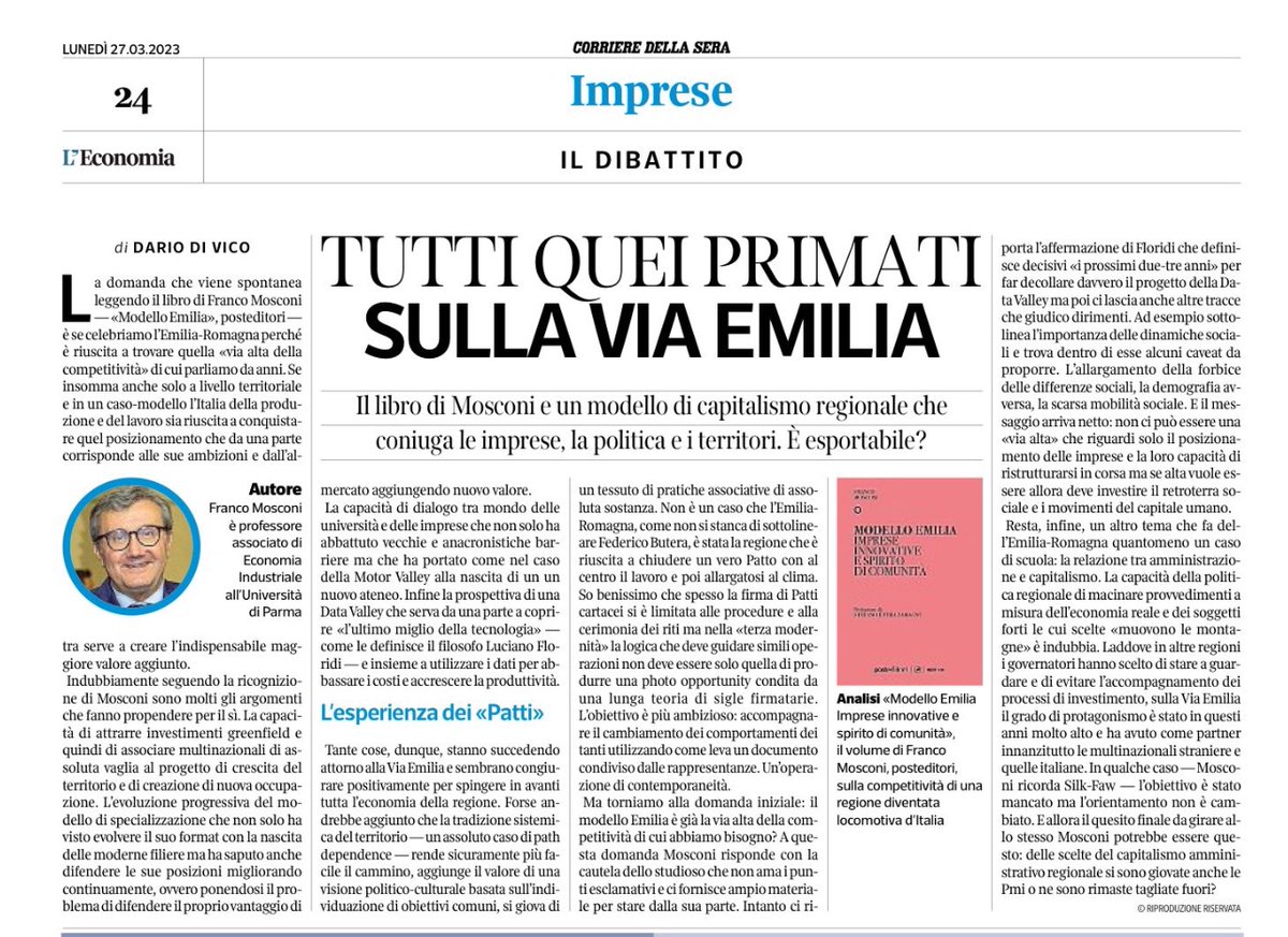 Post Editori (@post_editori) on Twitter photo Su <a href="/L_Economia/">Corriere L'Economia</a> la recensione di “Modello Emilia” di Franco Mosconi a firma di <a href="/dariodivico/">dario di vico</a> : “Emilia-Romagna caso scuola per la relazione tra amministrazione e capitalismo. Il "modello di capitalismo che coniuga le imprese, la politica e i territori”. Su <a href="/L_Economia/">Corriere L'Economia</a> la recensione di “Modello Emilia” di Franco Mosconi a firma di <a href="/dariodivico/">dario di vico</a> : “Emilia-Romagna caso scuola per la relazione tra amministrazione e capitalismo. Il "modello di capitalismo che coniuga le imprese, la politica e i territori”.