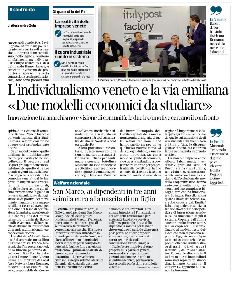 Post Editori (@post_editori) on Twitter photo Sul <a href="/corriereveneto/">Corriere del Veneto</a> , #AlessandroZuin commenta l’evento di ieri in libreria Italypost dove è emerso come l’idea di esportare il modello Emilia sia inevitabile, così come il confronto col Veneto. “Il modello emiliano sembra indicare una strada all’industria italiana per crescere" Sul <a href="/corriereveneto/">Corriere del Veneto</a> , #AlessandroZuin commenta l’evento di ieri in libreria Italypost dove è emerso come l’idea di esportare il modello Emilia sia inevitabile, così come il confronto col Veneto. “Il modello emiliano sembra indicare una strada all’industria italiana per crescere"