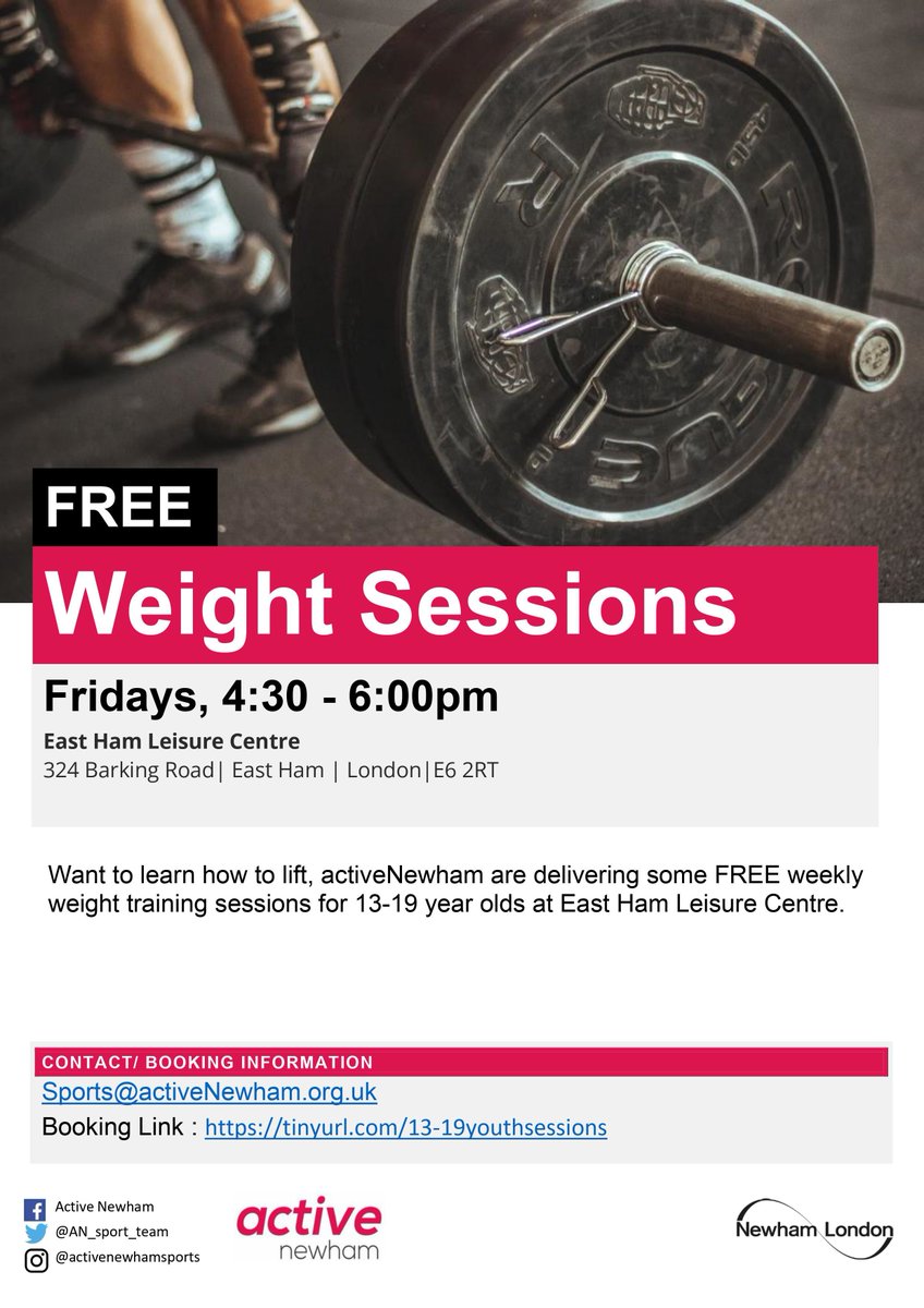 ActiveNewham - Community Team (@ancommunity1) on Twitter photo We're running FREE Weight sessions every Friday starting the 14th April at East Ham Leisure Centre. Suitable for 13-19 year olds looking to learn to how lift ! Don't forget to book a place
.<a href="/NewhamLondon/">Newham London 💙</a> We're running FREE Weight sessions every Friday starting the 14th April at East Ham Leisure Centre. Suitable for 13-19 year olds looking to learn to how lift ! Don't forget to book a place
.<a href="/NewhamLondon/">Newham London 💙</a>