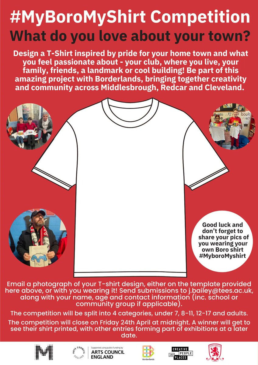 The #MyBoroMyShirt Competition is open! Come along to one of our T-Shirt making workshops or create your own using this template! Project supported by @wearembro, @MFCFoundation and @ace_national. Please message us if you need a black and white version ⚽ #CreativePeopleandPlaces