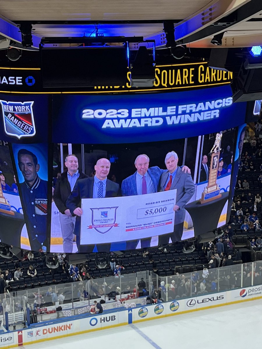 Congratulations to LI Sharks Coach Buzz Deschamps for receiving the Emile Francis Award from the New York Rangers. The award recognizes those who have contributed to the growth and advancement of hockey in the United States. Congratulations!