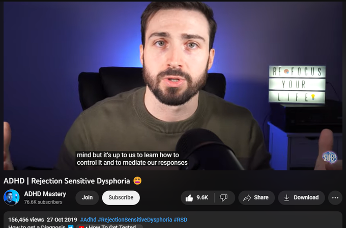 156,456 views  27 Oct 2019  #Adhd #RejectionSensitiveDysphoria #RSD
How to get a Diagnosis ➡️   

 • How To Get Tested...   
Join this channel to get access to perks ➡️
  

 / @adhdmastery  

Please note I am not a medical professional.

RSD is a common yet under-realised symptom of ADHD. It makes you hyper-sensitive to the perception of social disapproval and criticism is taken to heart with overwhelming intensity.


#Adhd #RejectionSensitiveDysphoria #RSD