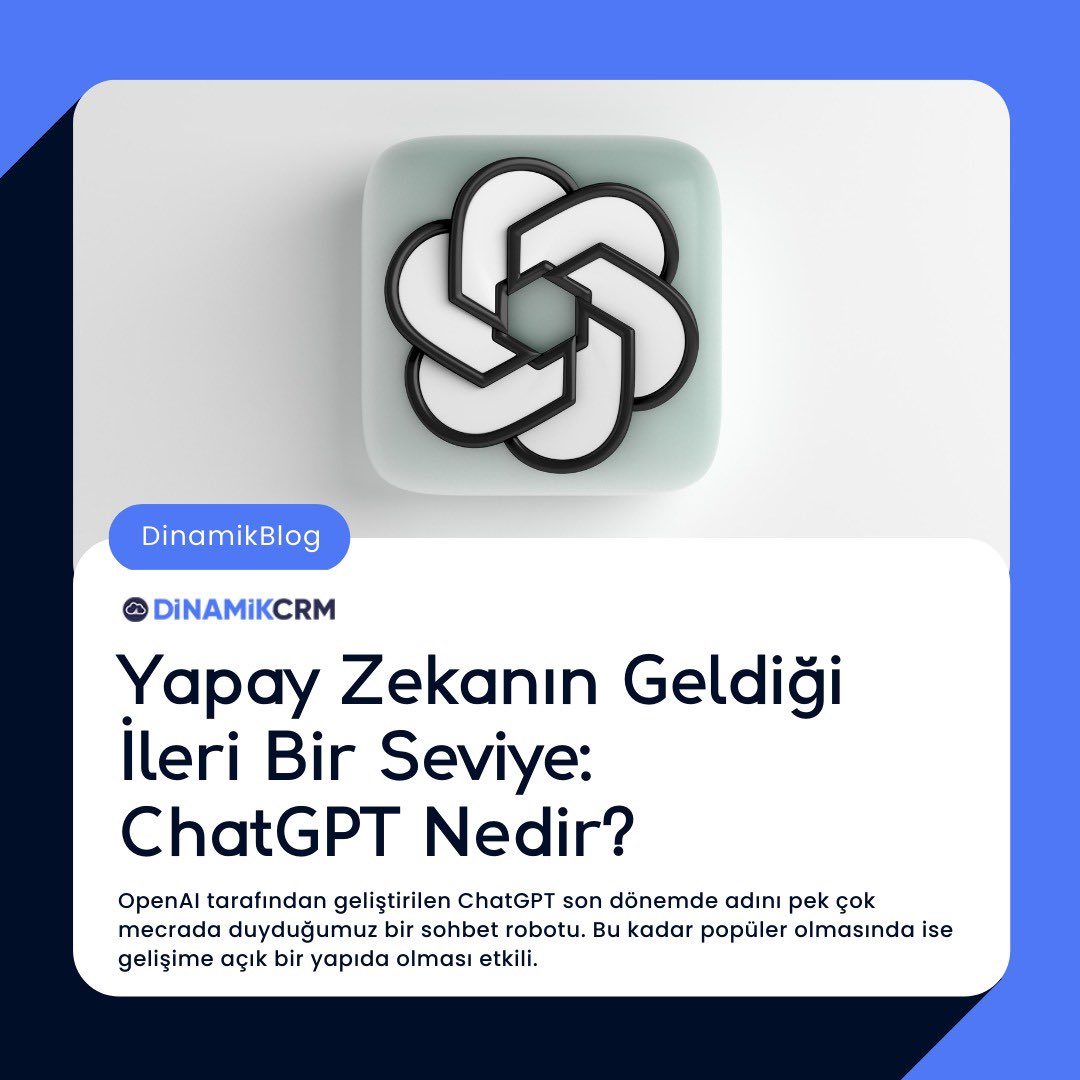 OpenAI tarafından geliştirilen ChatGPT son dönemde adını pek çok mecrada duyduğumuz bir sohbet robotu. Bu kadar popüler olmasında ise gelişime açık bir yapıda olması etkili.

Yeni blog yazımızı incelemek için : dinamikcrm.com/blog/yapay-zek…

Keyifli Okumalar

#crm #chatgpt #cloud