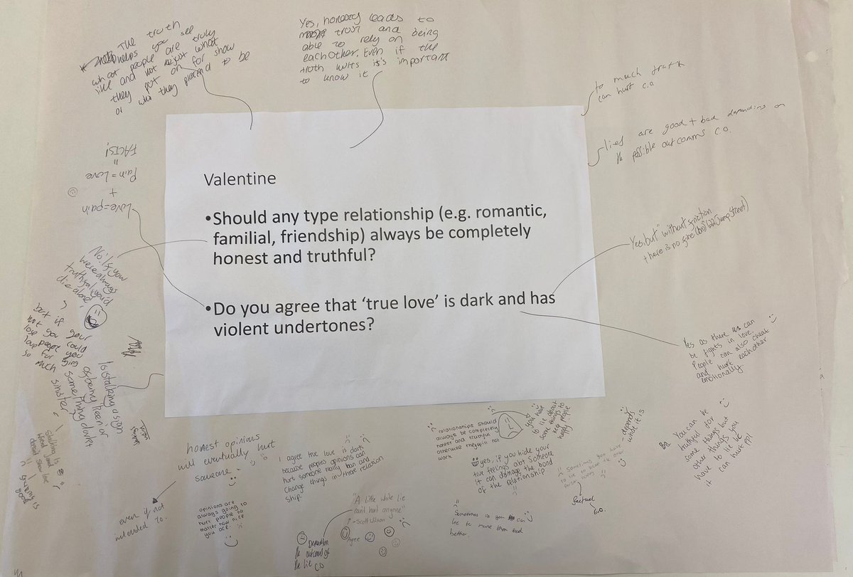 LinAcEnglish's tweet photo. Mr Alexander's S4 class have been #makingthinkingvisible with silent debates on various themes in #Duffy... just LOOK at that reasoning! 😍 @Linlithgow_Acad @scot_text https://t.co/ZXwauLUPYJ
