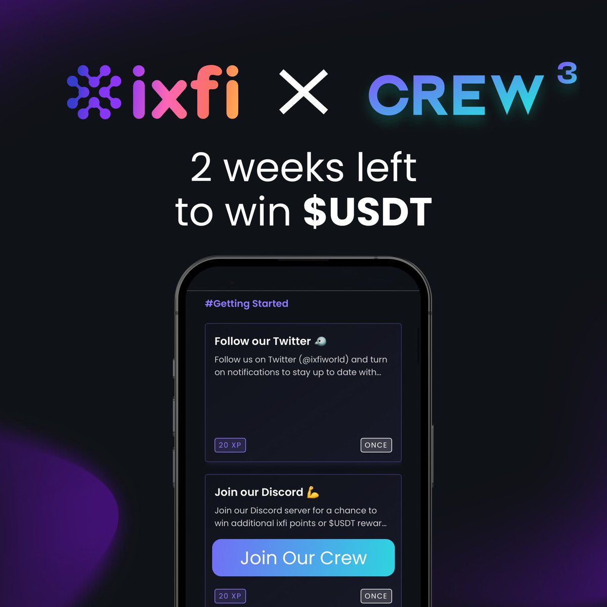 ixfiexchange's tweet photo. 🚀 Two weeks left in the @crew3xyz sprint.

✅ Complete quests like "Follow our Twitter" and gain XP!

💰 With a $2,500 prize pool, the top 200 users will win #USDT prizes!

⏳ Hurry up, finish quests, climb the leaderboard, and grab your share!

👉https://t.co/jOQZzxPWlB https://t.co/XTNI8KDACp