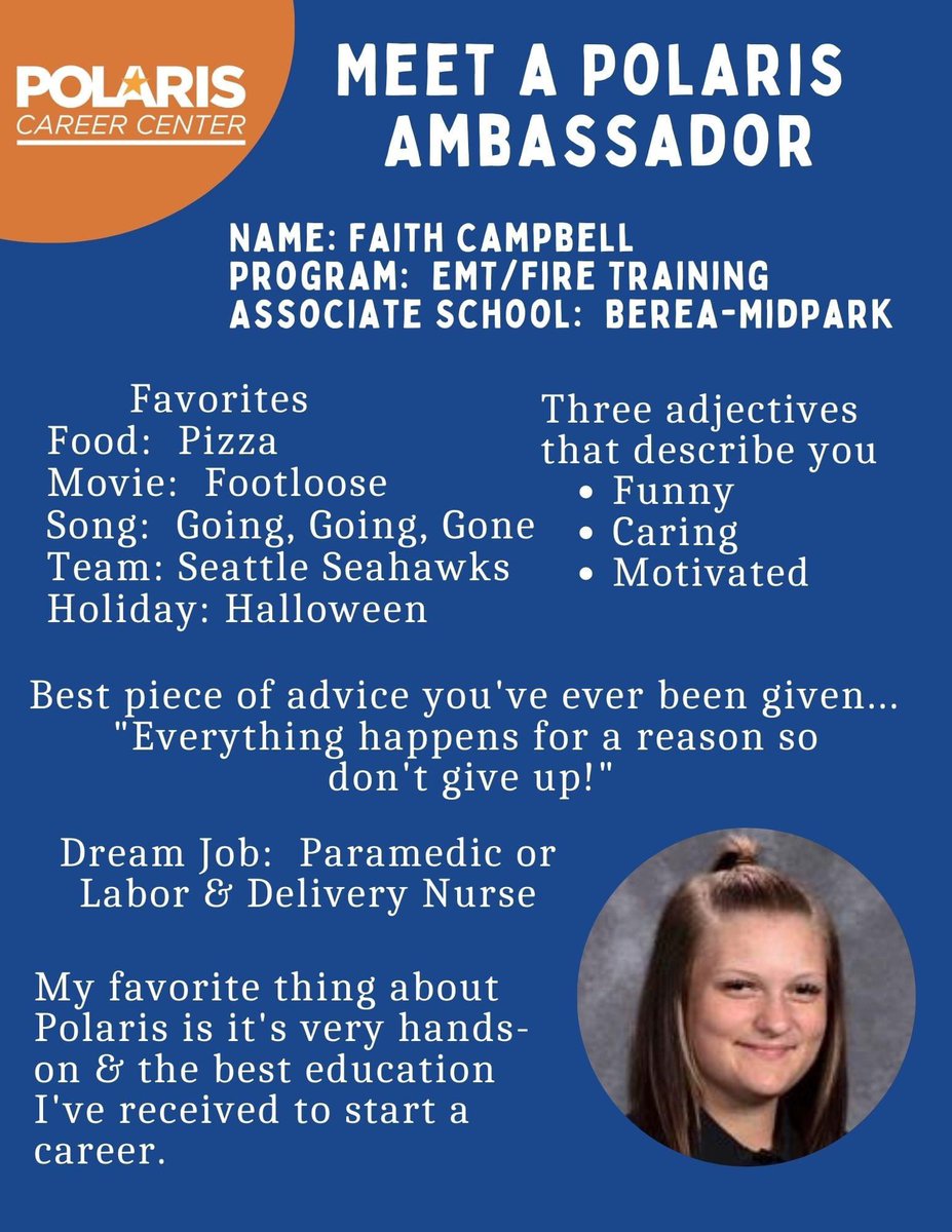 Today's featured Ambassador is Faith Campbell from @BMHSTitans and the Polaris EMT/Fire Training program. She's next in our 'Meet a Polaris Ambassador' series.