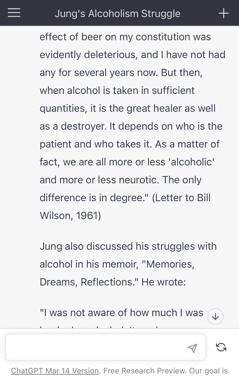 MJDorian's tweet image. So bizarre. If you ask chatGPT about Carl Jung’s alcoholism (which he never had) it starts by misattributing quotes to him, and then blatantly invents quotes from Memories, Dreams, Reflections. When you search the book, these quotes DO NOT exist. It gets weirder… #ChatGPT 1/5